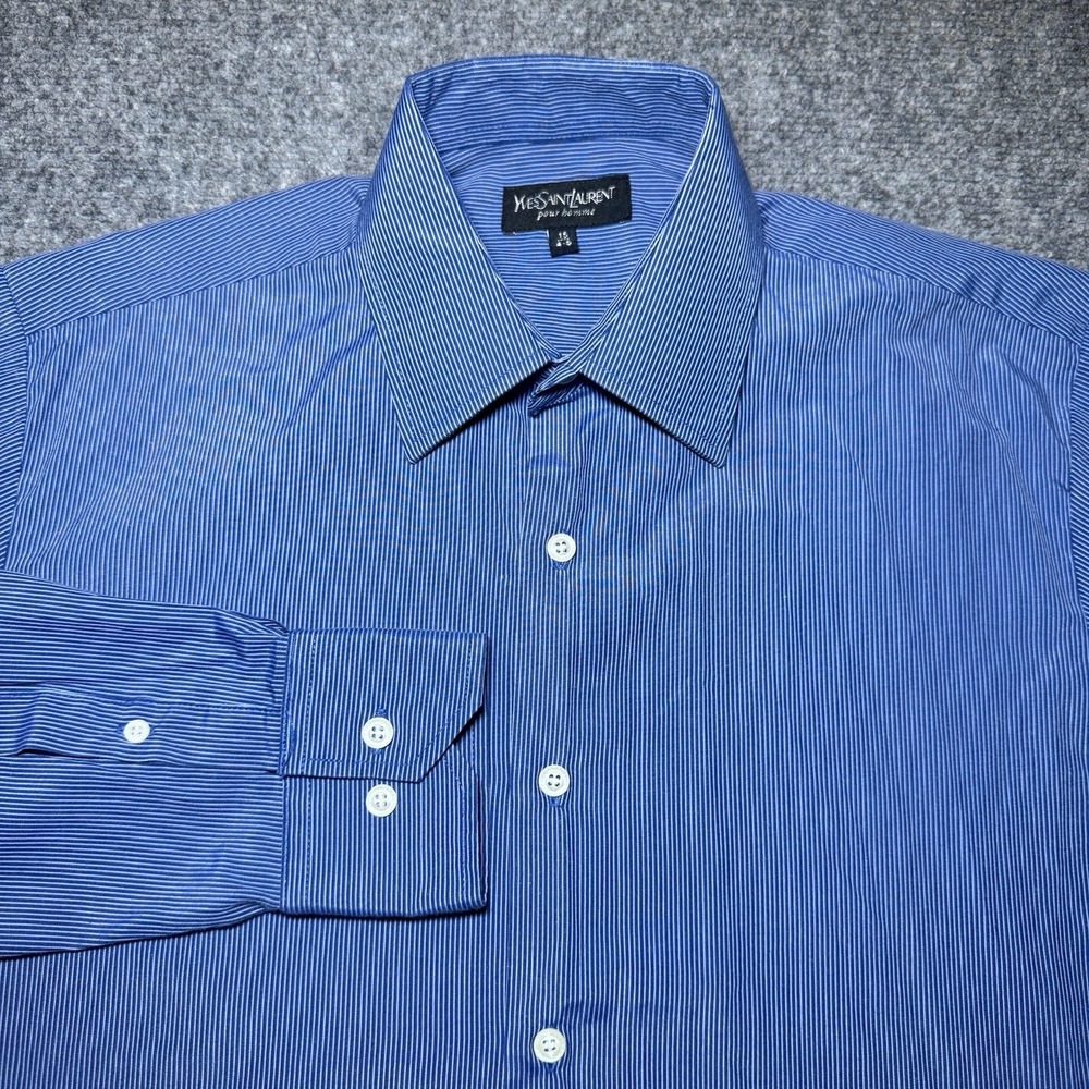 Yves Saint Laurent Pour Homme Button Up Shirt YSL Luxury Men 15/4-5 Blue Striped